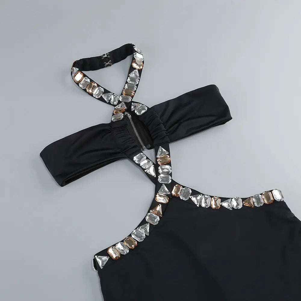 AIIZIE ADELA CRYSTAL EMBELLISHMENT HALTER NECK BLACK MAXI DRESS - product image