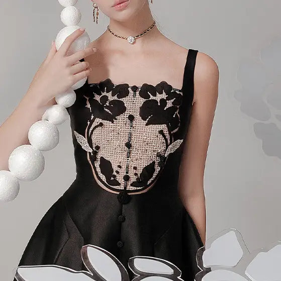 VANESSA EMBROIDERY PATCHWORK MIDI DRESS IN BLACK