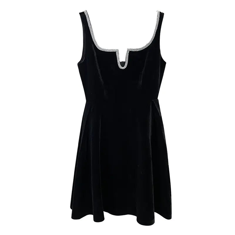 PAULA RHINESTONE TRIM  BLACK STRAP MINI DRESS