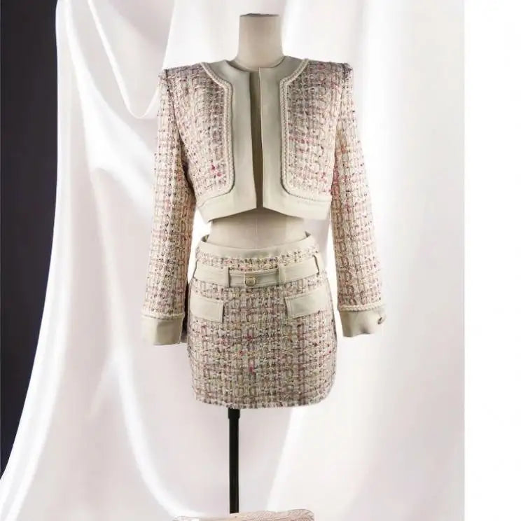 CARLIN PATCHWORK TWEED MINI SKIRT IN PINK