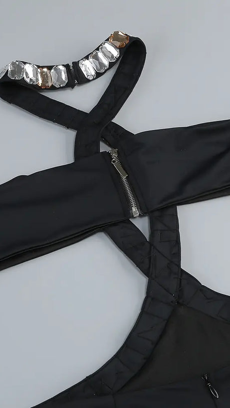 ADELA CRYSTAL EMBELLISHMENT HALTER NECK BLACK MAXI DRESS