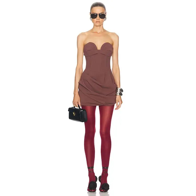 GRISELDA DRAPIERTES BUSTIER-MINIKLEID AUS WOLLMISCHUNG IN BRAUN