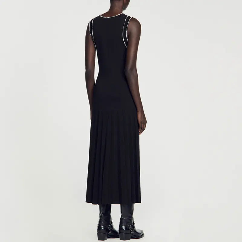 SALOME BEADED TRIM SLEEVELESS KNIT BLACK MIDI DRESS