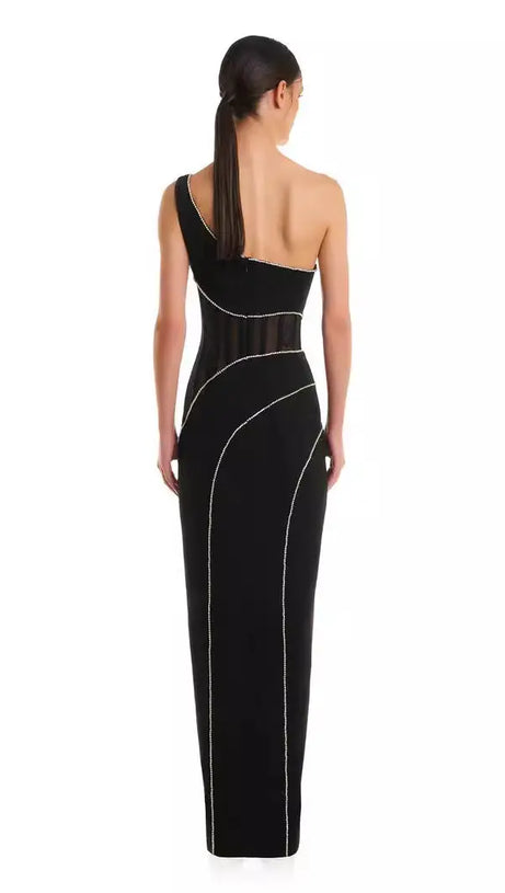 TRACY CRYSTAL STRIPE EMBELLISHED ONE-SHOULDER BLACK MAXI DRESS