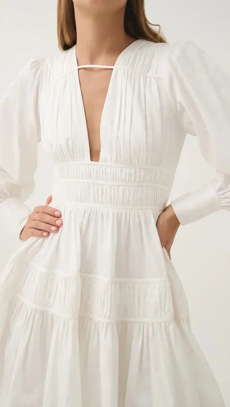 VALERIE FALLINGWATER RUCHED MINI DRESS IN WHITE