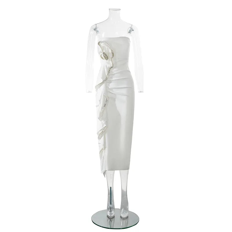 YVONNE WHITE STRAPLESS FLOWER RHINESTONE BANDAGE MIDI DRESS