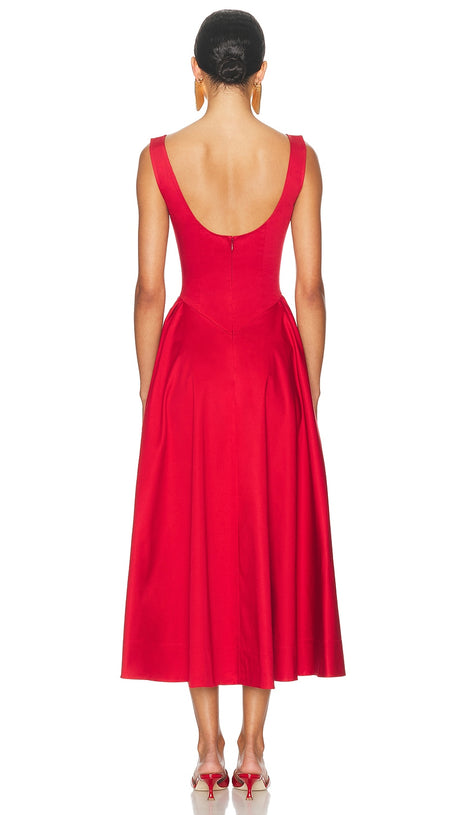 STRETCH COTTON SATEEN MIDI DRESS IN RED