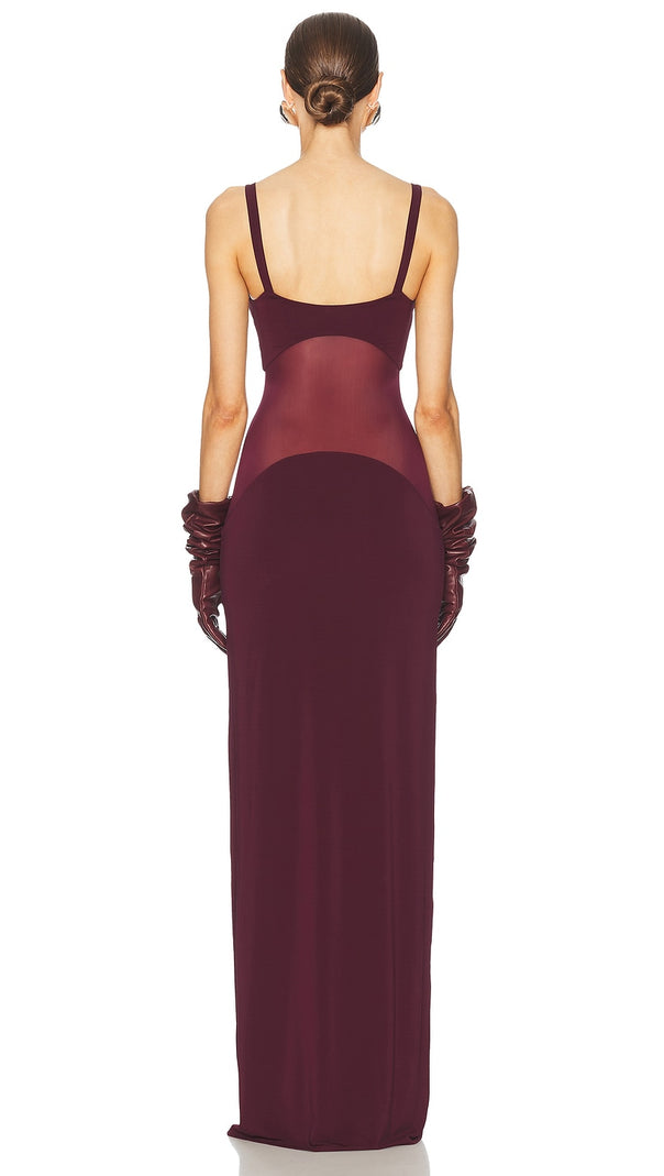 AIIZIE SHEER KNIT CURVE MAXI DRESS IN MERLOT - product image