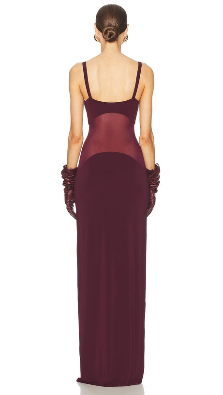 SHEER KNIT CURVE MAXI DRESS IN MERLOT