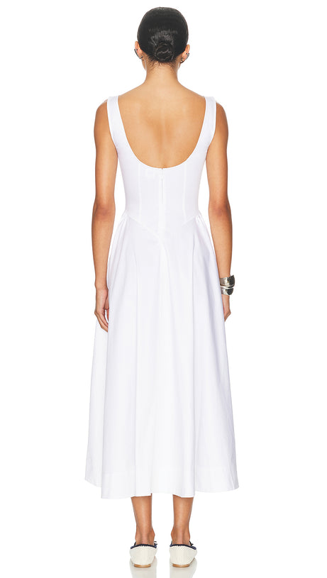 STRETCH COTTON SATEEN MIDI DRESS IN WHITE