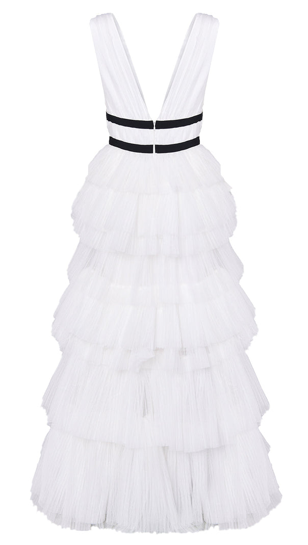 AIIZIE ELIZA WHITE PLUNGING NECK LAYERED TULLE SKIRT MAXI-DRESS - product image