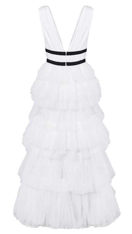 ELIZA WHITE PLUNGING NECK LAYERED TULLE SKIRT MAXI-DRESS