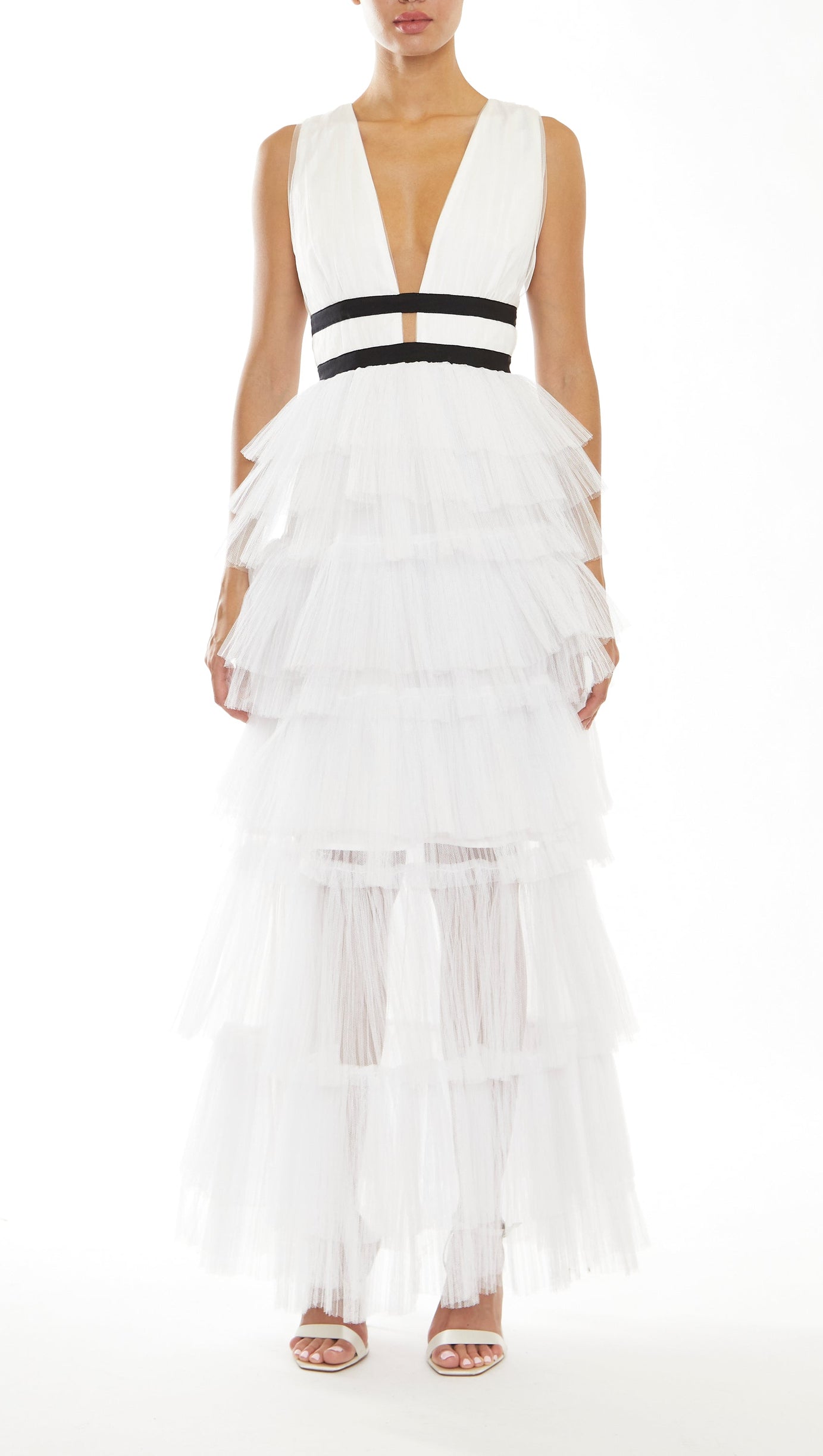 ELIZA WHITE PLUNGING NECK LAYERED TULLE SKIRT MAXI-DRESS