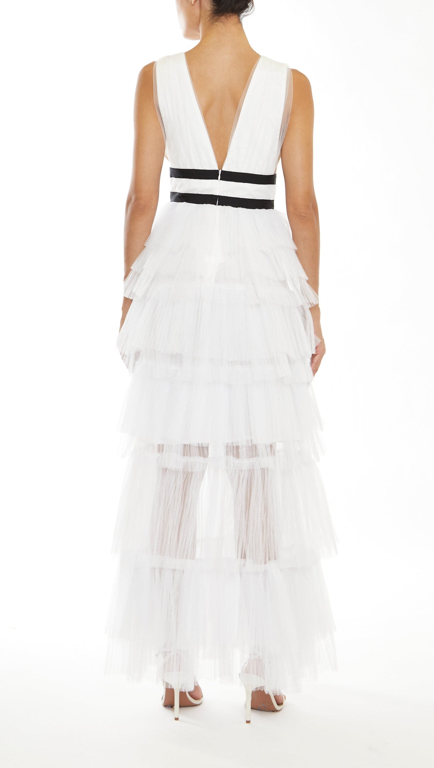 ELIZA WHITE PLUNGING NECK LAYERED TULLE SKIRT MAXI-DRESS