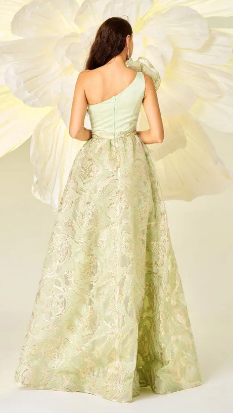 ONE SHOULDER GILDED FLORAL SPLIT DRESS IN GREEN