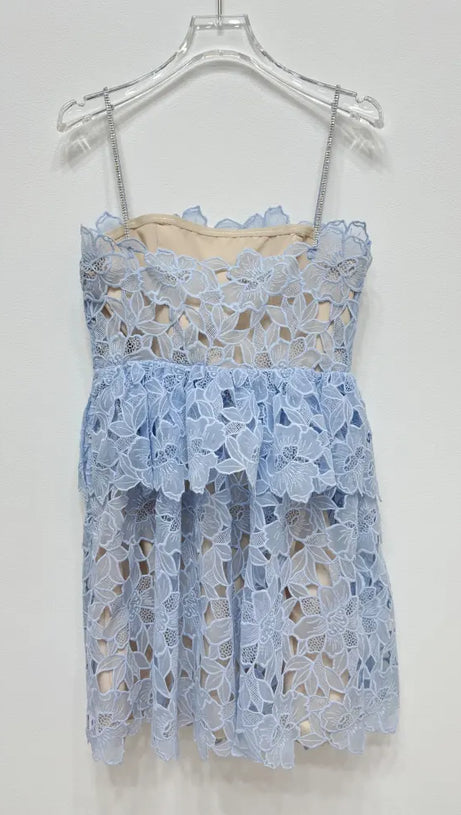 OLGA LACE LAYER CUTOUT MINI DRESS IN BLUE