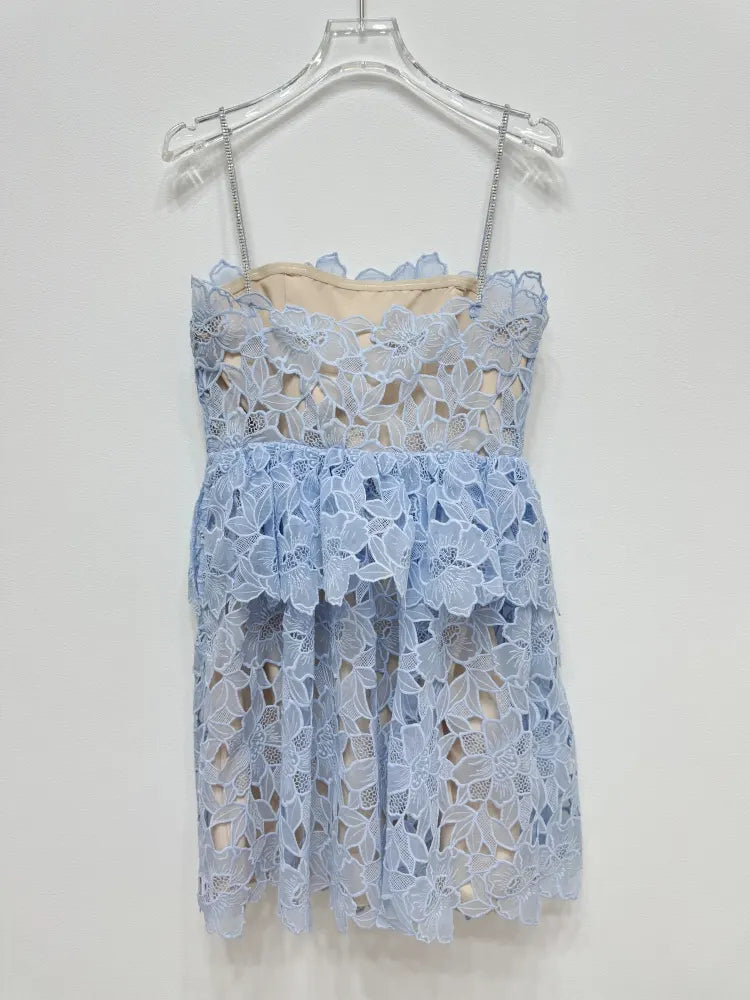 OLGA LACE MINI DRESS BLU CON STRATI DI PIZZO E TAGLIO