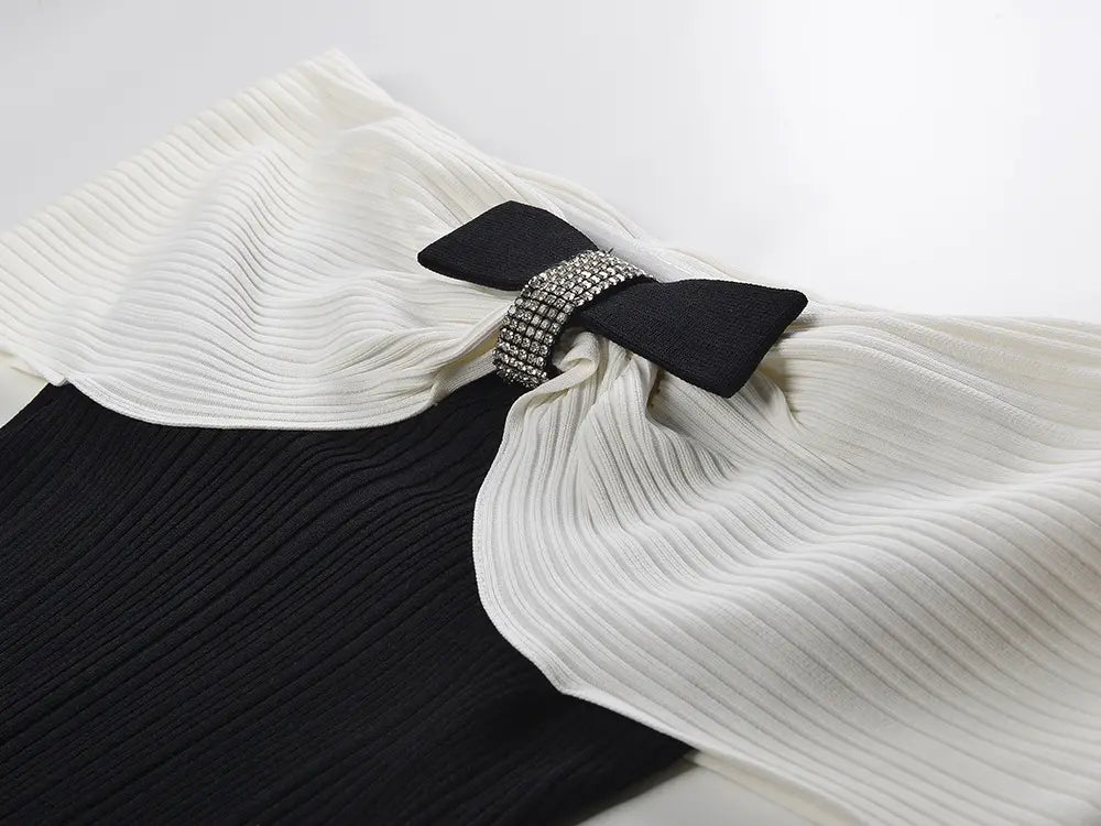 TRUDA BLACK KNIT BOW OFF-SHOULDER MIDI DRESS