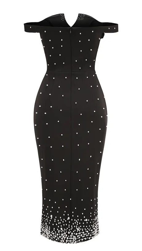 PEARL POLKA DOTS EMBELLISHED MIDI DRESS IN BLACK