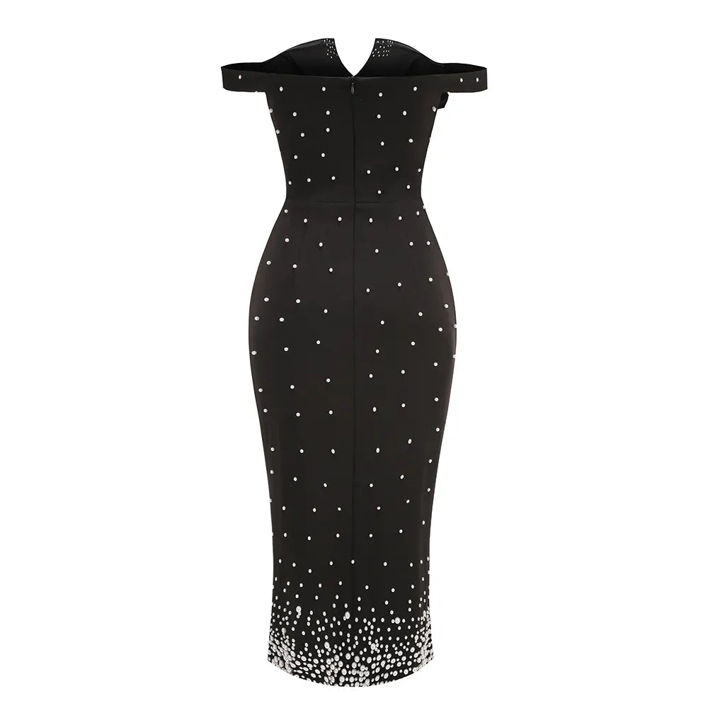 AIIZIE PEARL POLKA DOTS EMBELLISHED MIDI DRESS IN BLACK - product image