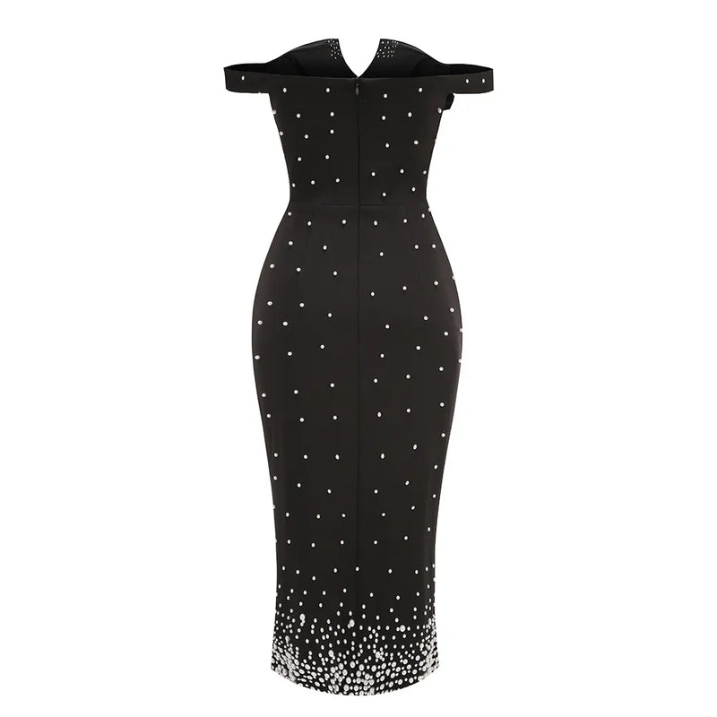 pearl polka dots embellished midi dress in black