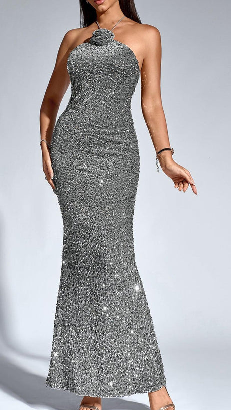 HALTER STEREO FLOWER SEQUIN MERMAID DRESS
