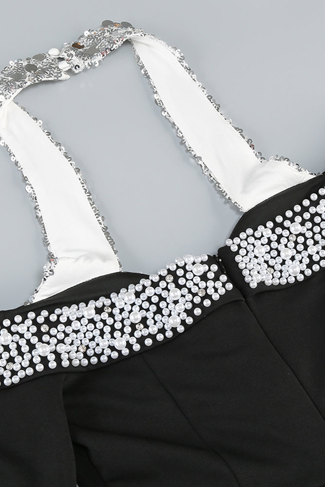 HALTER PEARL CRYSTAL-TRIM MAXI DRESS