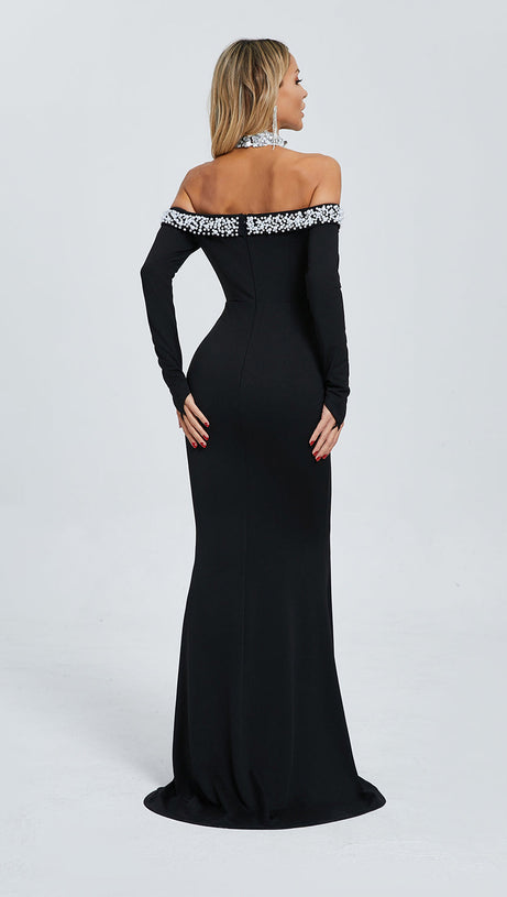 Neckholder-Maxikleid mit Perlen- und Kristallbesatz