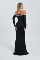 Halter Pearl Crystal-Trim Maxi Dress