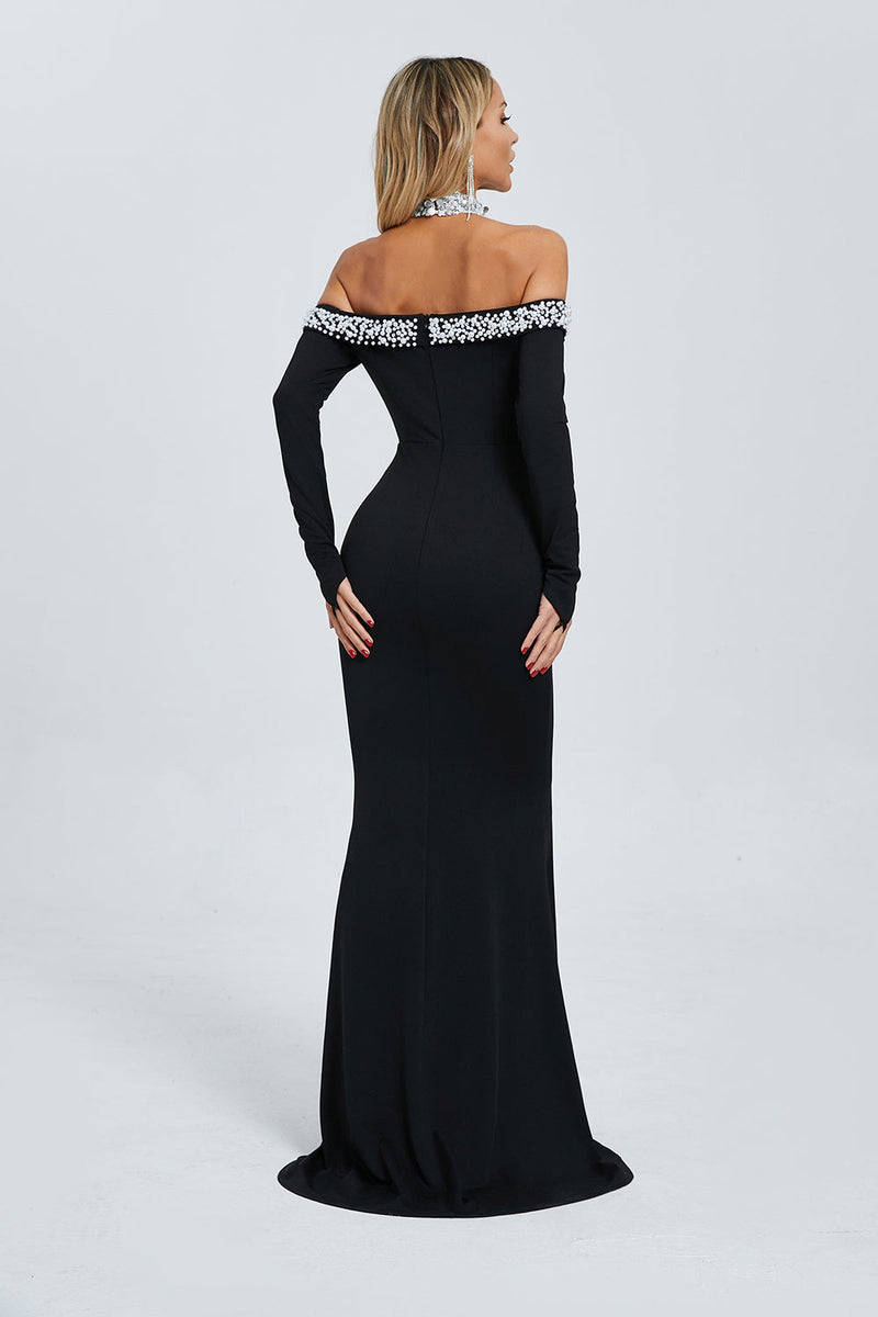 Halter Pearl Crystal-Trim Maxi Dress