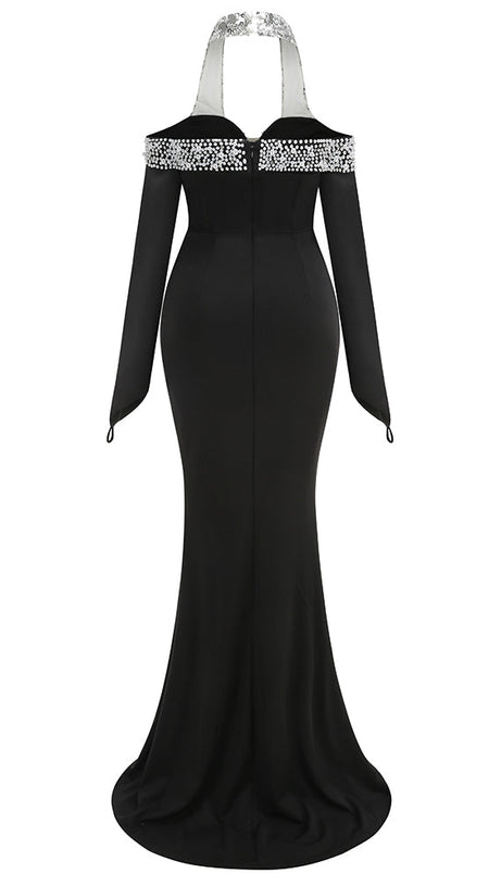 Neckholder-Maxikleid mit Perlen- und Kristallbesatz