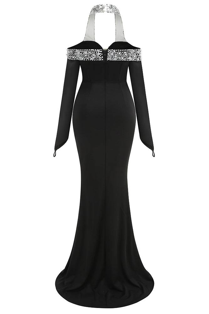Halter Pearl Crystal-Trim Maxi Dress