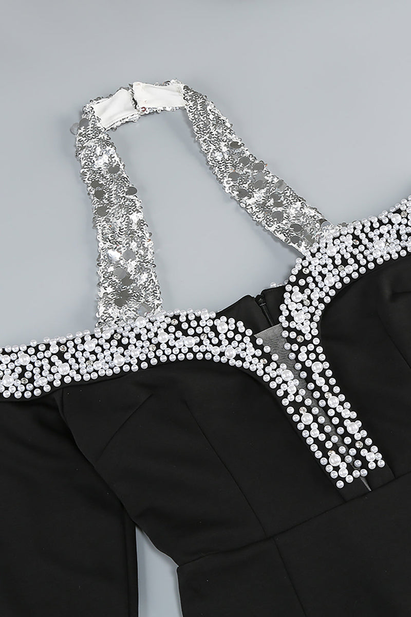 Halter Pearl Crystal-Trim Maxi Dress