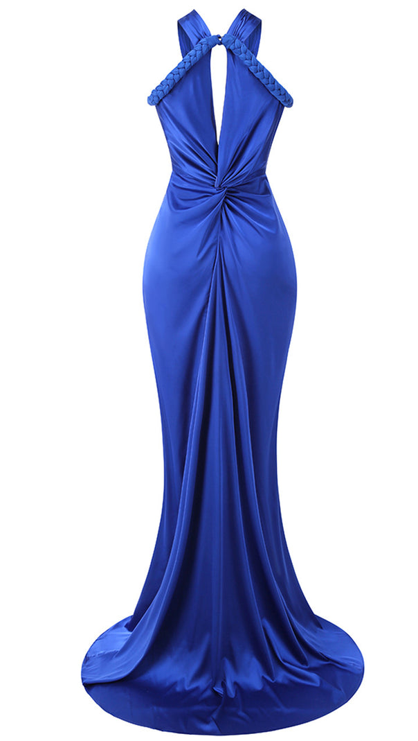AIIZIE HALTER BRAIDED DRAPED MAXI DRESS BLUE - product image
