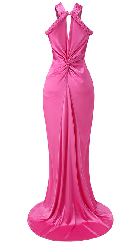 ABITO LUNGO CON DRAPPEGGIO E INTRECCIATO ROSA SCURO