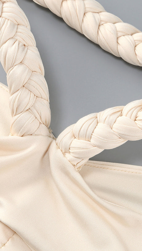 Neckholder-Maxikleid mit Kristall-Zopfmuster in Elfenbein