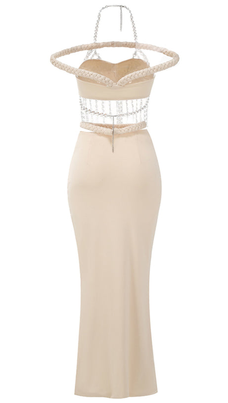 Neckholder-Maxikleid mit Kristall-Zopfmuster in Elfenbein