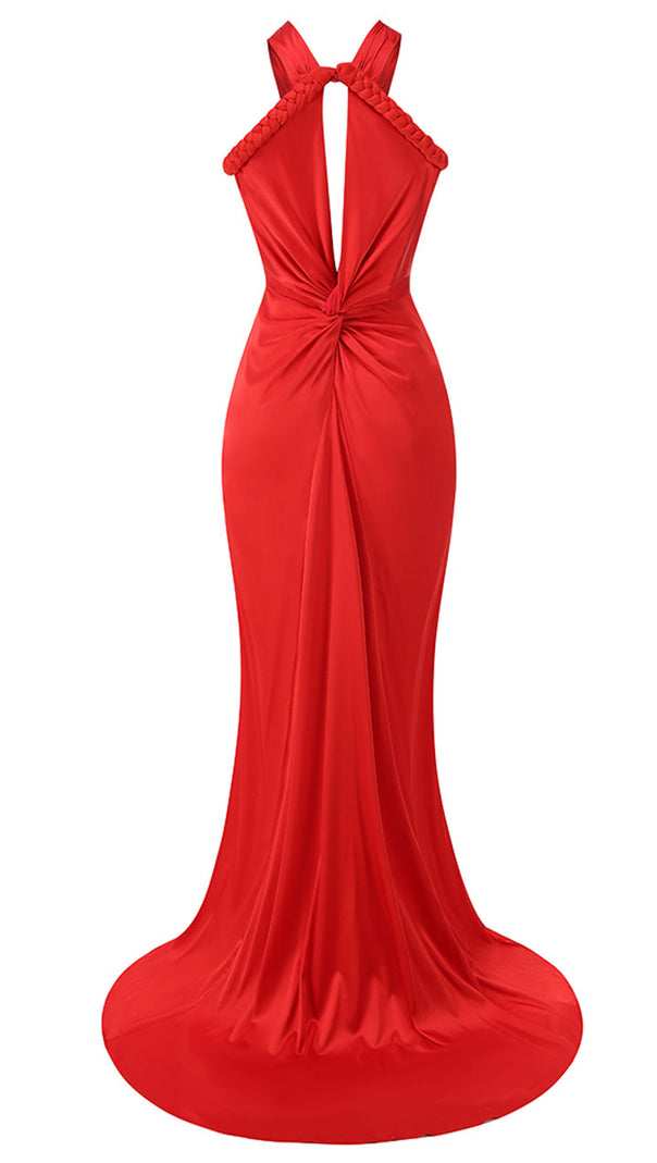 AIIZIE HALTER BRAIDED DRAPED MAXI DRESS RED - product image