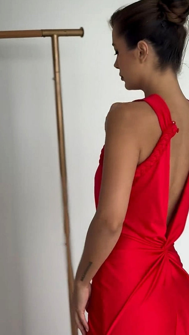 AIIZIE HALTER BRAIDED DRAPED MAXI DRESS RED - product image
