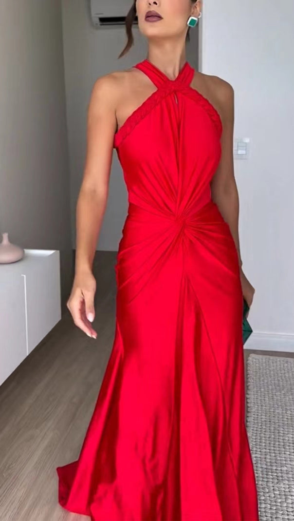 AIIZIE HALTER BRAIDED DRAPED MAXI DRESS RED - product image