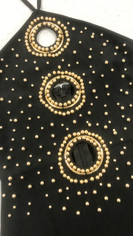 EMBELLISHED CUT OUT HALTER MAXI DRESS IN BLACK