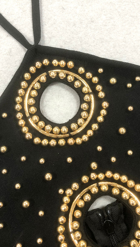 EMBELLISHED CUT OUT HALTER MAXI DRESS IN BLACK