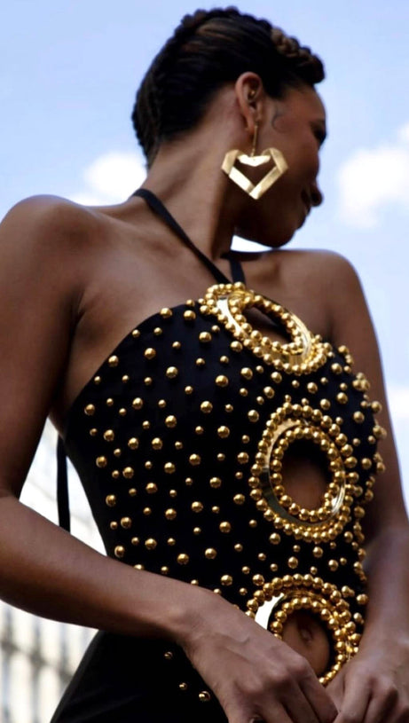 EMBELLISHED CUT OUT HALTER MAXI DRESS IN BLACK