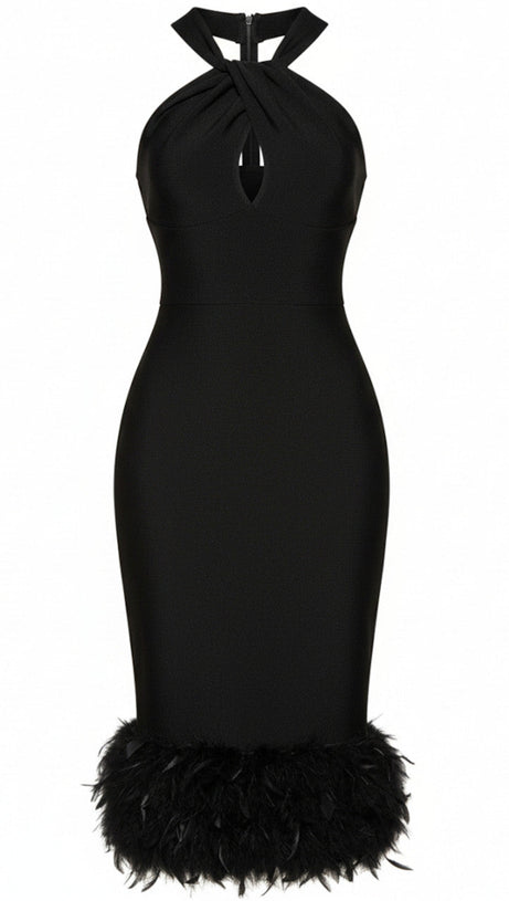 HABEEBA GLAMOUR: BLACK FEATHER BANDAGE MIDI DRESS | HALTER KEYHOLE BODYCON