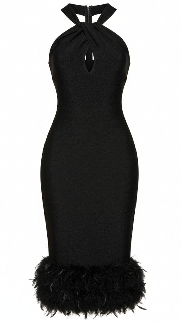 HABEEBA GLAMOUR: BLACK FEATHER BANDAGE MIDI DRESS | HALTER KEYHOLE BODYCON