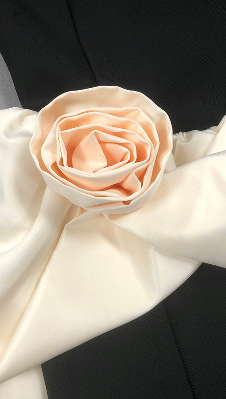 Neckholder-Puffkleid mit Blumenmuster, schwarz-elfenbeinfarben