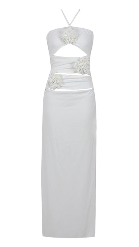 Neckholder-Maxikleid mit Blumenausschnitt in Weiß