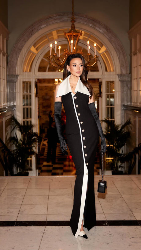 HALTER COLLAR MAXI DRESS BLACK WHITE