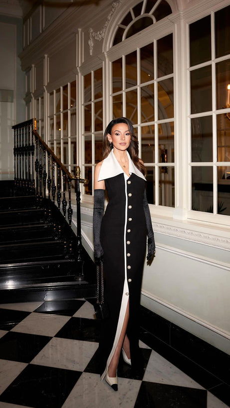 HALTER COLLAR MAXI DRESS BLACK WHITE