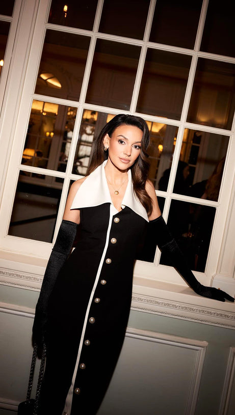 HALTER COLLAR MAXI DRESS BLACK WHITE